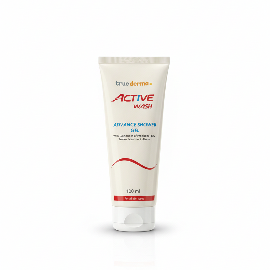 Tube of TrueDerm Active Wash Advance Shower Gel on a white background