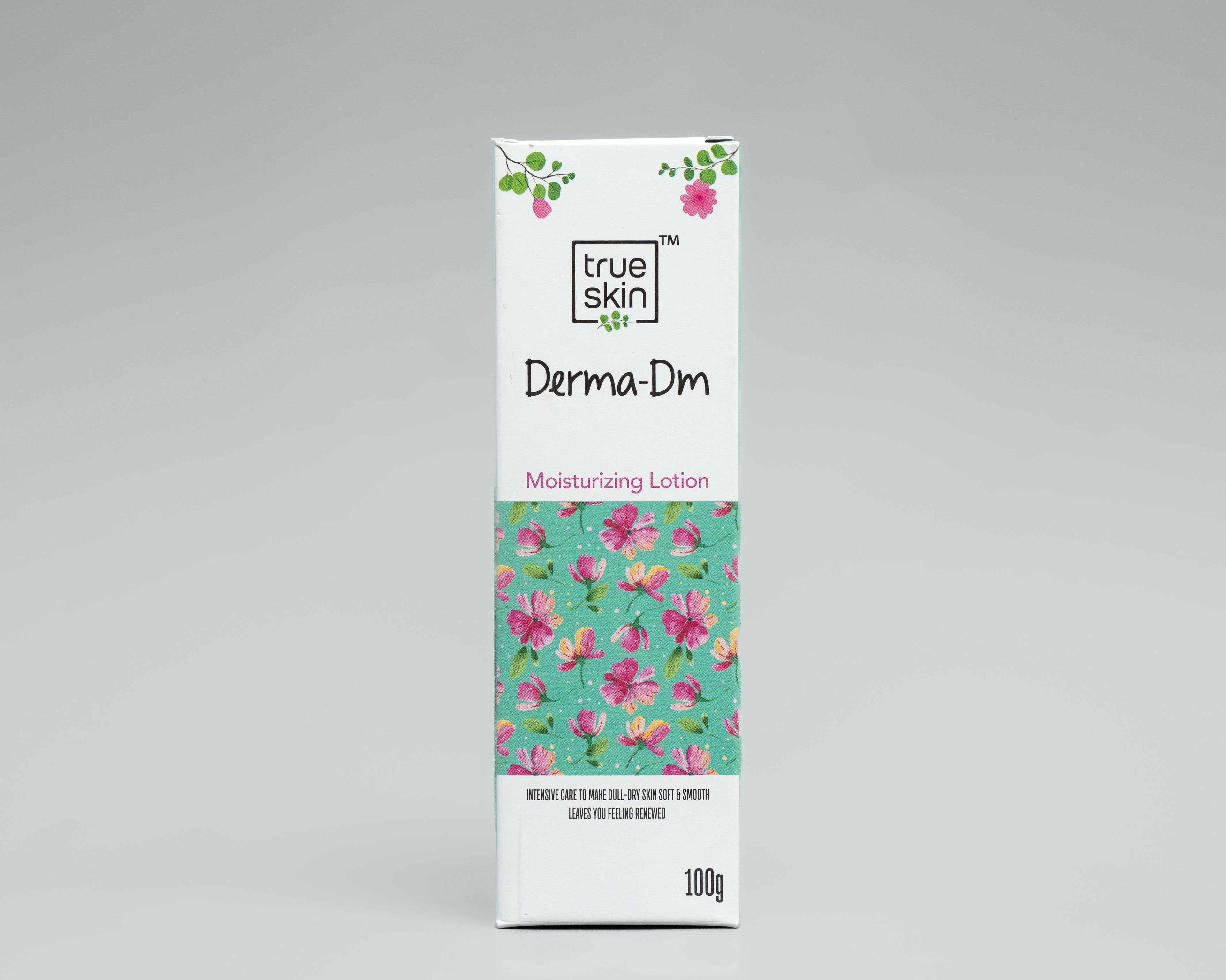 True Skin Derma-Dm moisturizing lotion packaging with floral design on a gray background