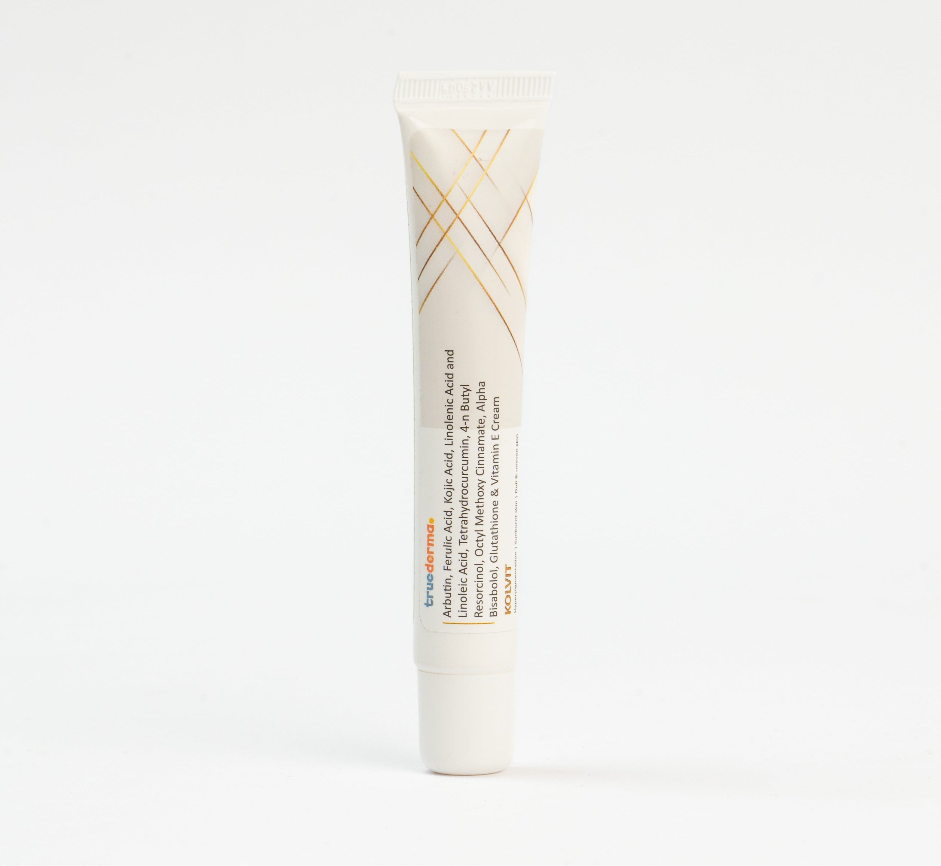 Close-up of True derma KOLVIT skin-brightening and anti-aging cream packaging on a clean, clinical white background.
