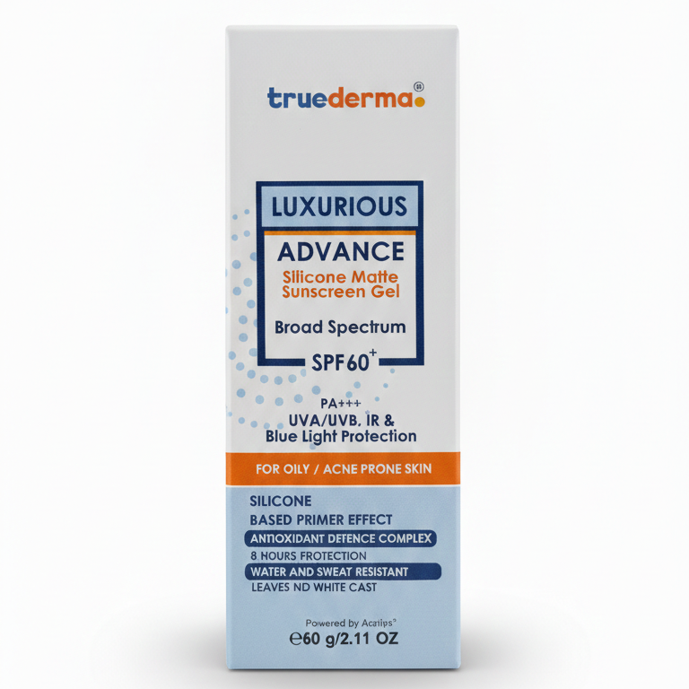 Truderma Luxurious Advance silicone matte finish sunscreen packaging on a white background