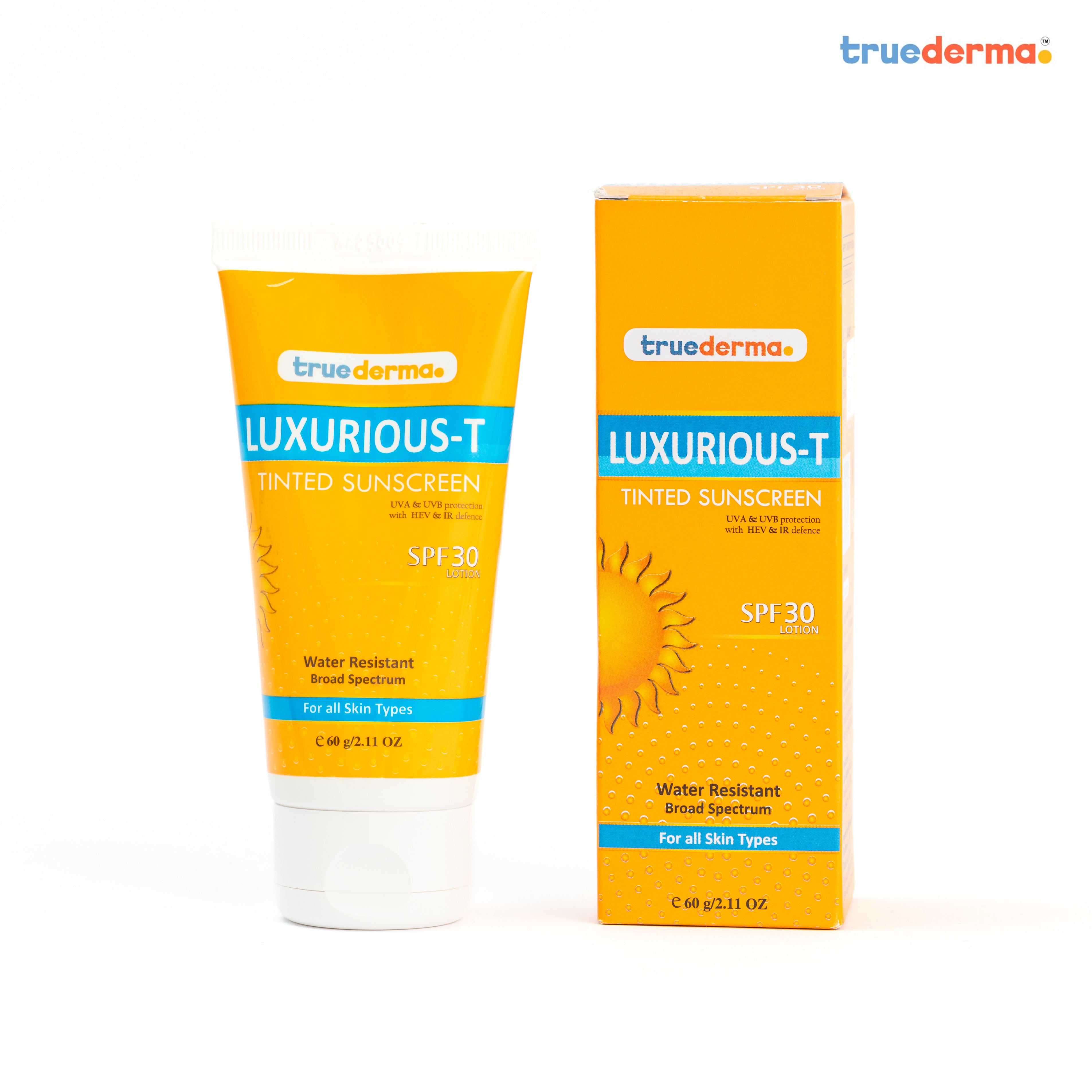 TrueDerma Luxurious-T Tinted Sunscreen tube and box on a white background