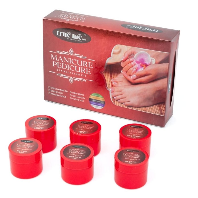 Manicure and pedicure kit with red containers and a box labeled &