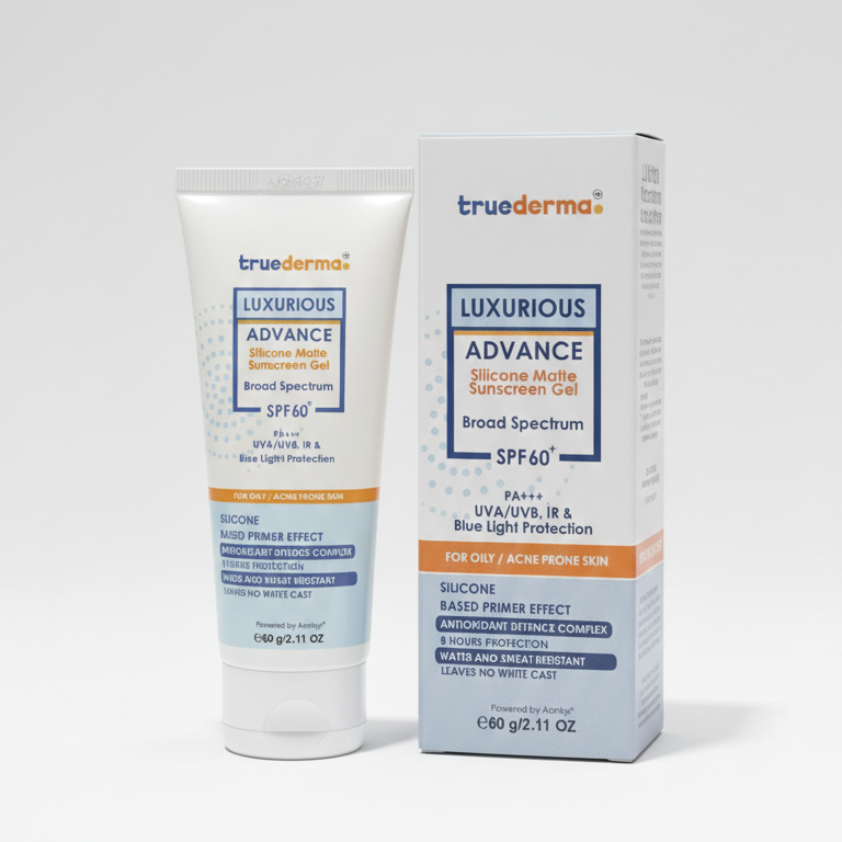 TrueDerma Luxurious Advance sunscreen tube and box on a white background