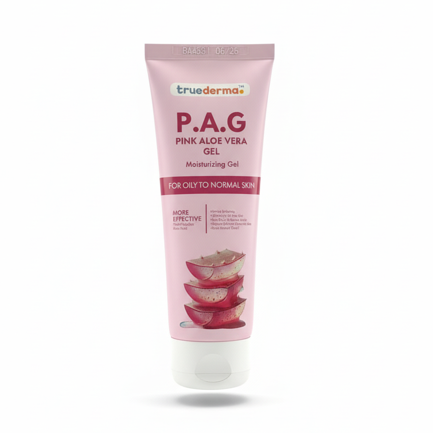 Tube of truederma P.A.G Pink Aloe Vera Gel for oily to normal skin on a white background