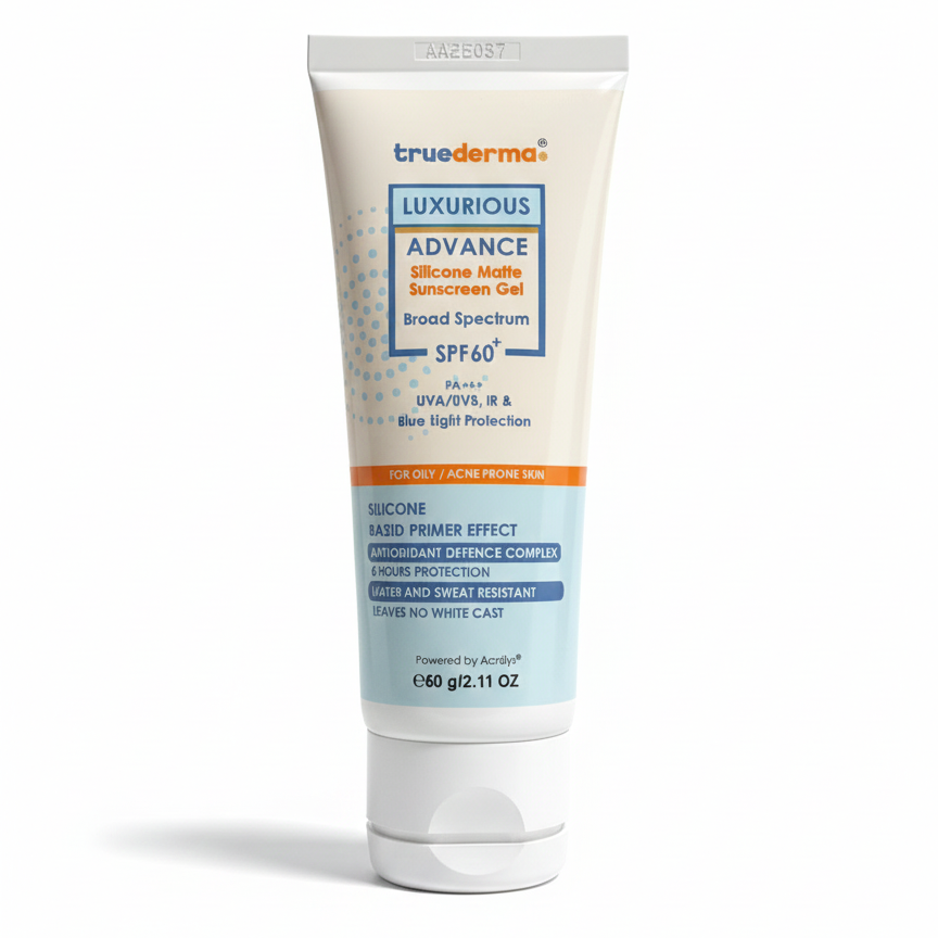 Tube of trudermo Luxurious Advance sunscreen on a white background