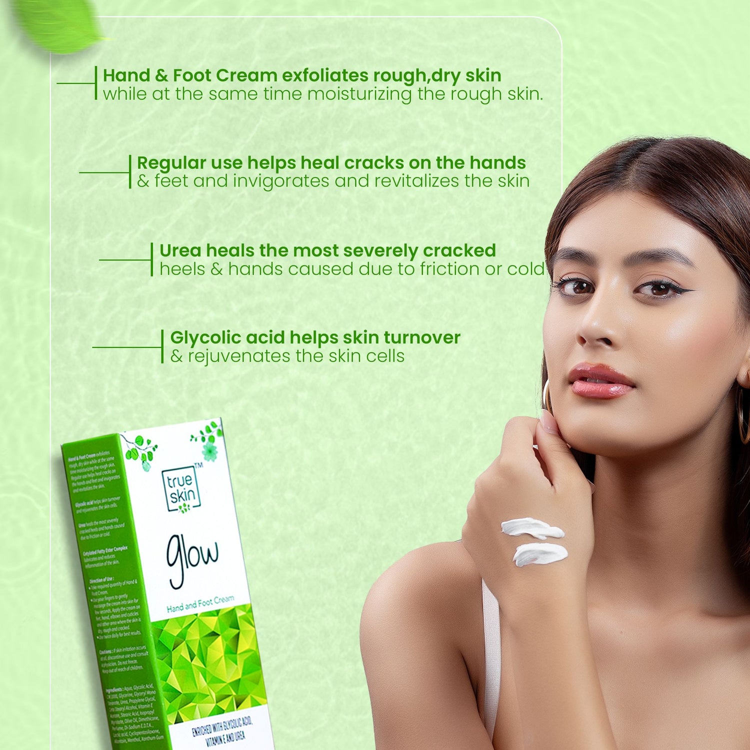 True Skin Glow cream applied on hands and feet