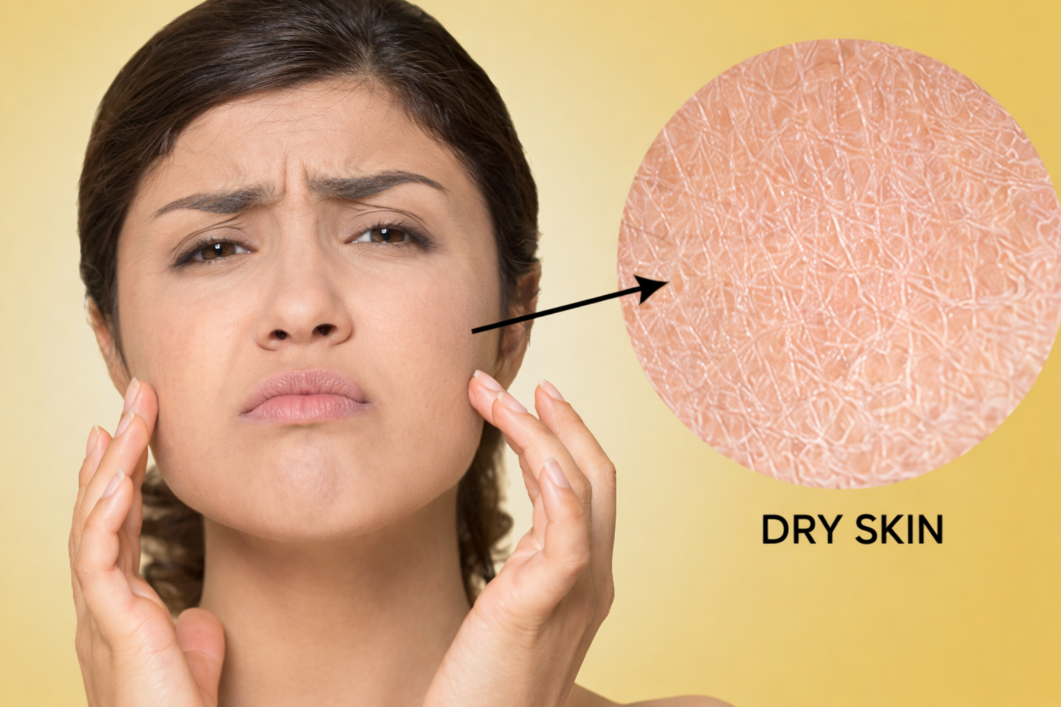 Woman with dry skin showing rough texture on a yellow background. Dry skin, also known as xerosis or xeroderma