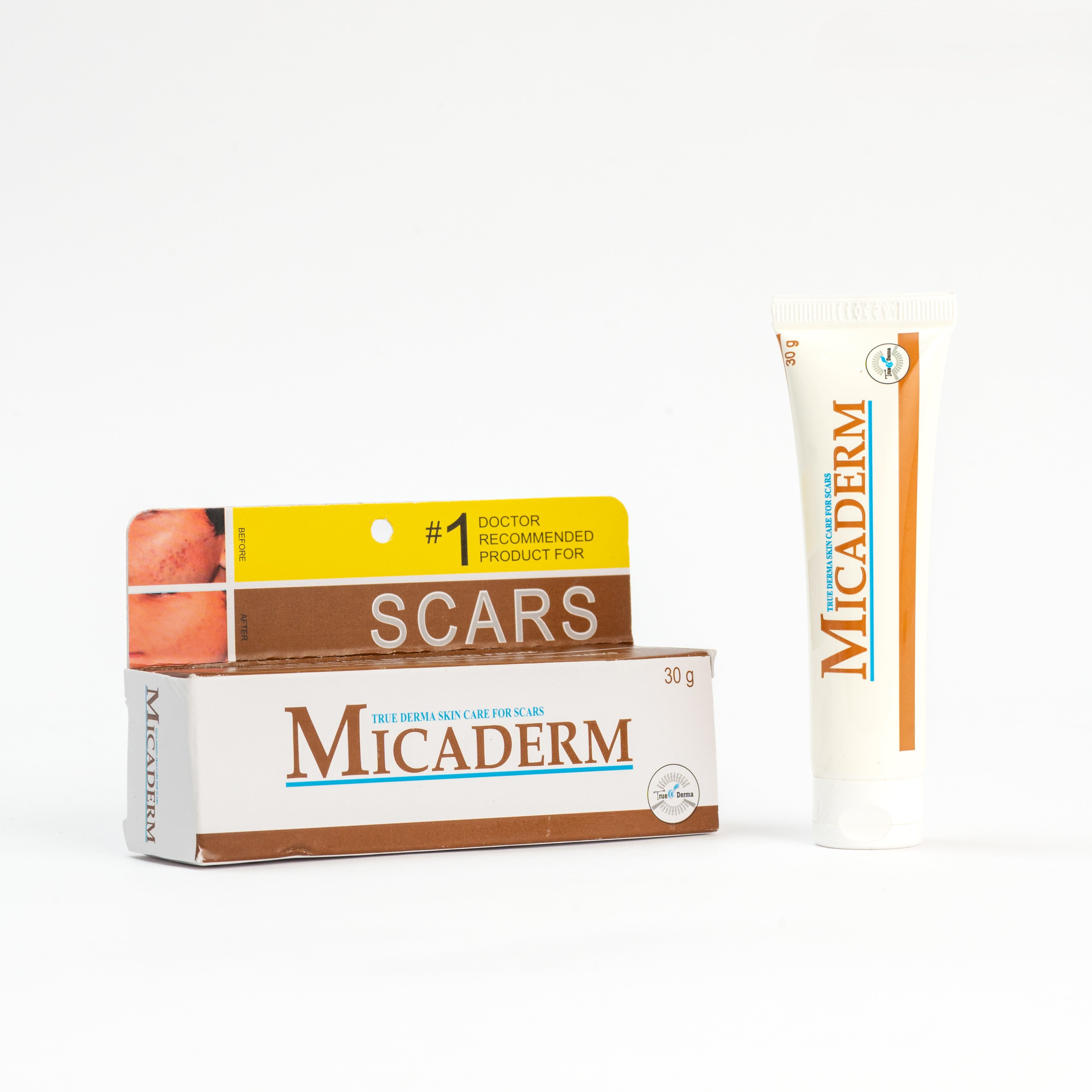 Micaderm treatment cream tube for reducing the appearance of acne scars and surgery marks.
