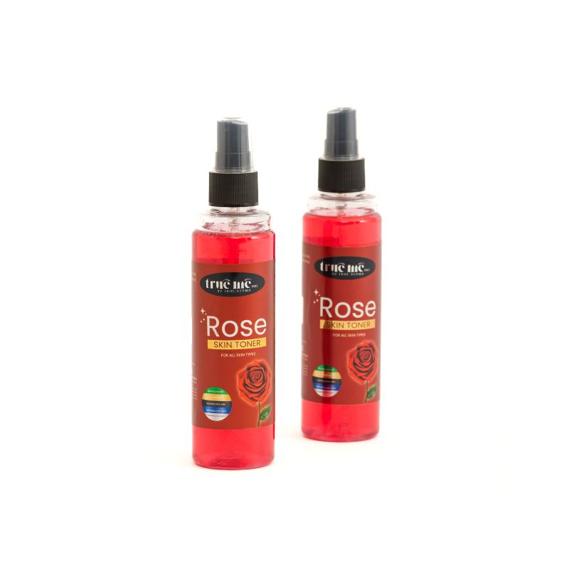 A bottle of True Me rose Skin Toner with a red label on a white background.