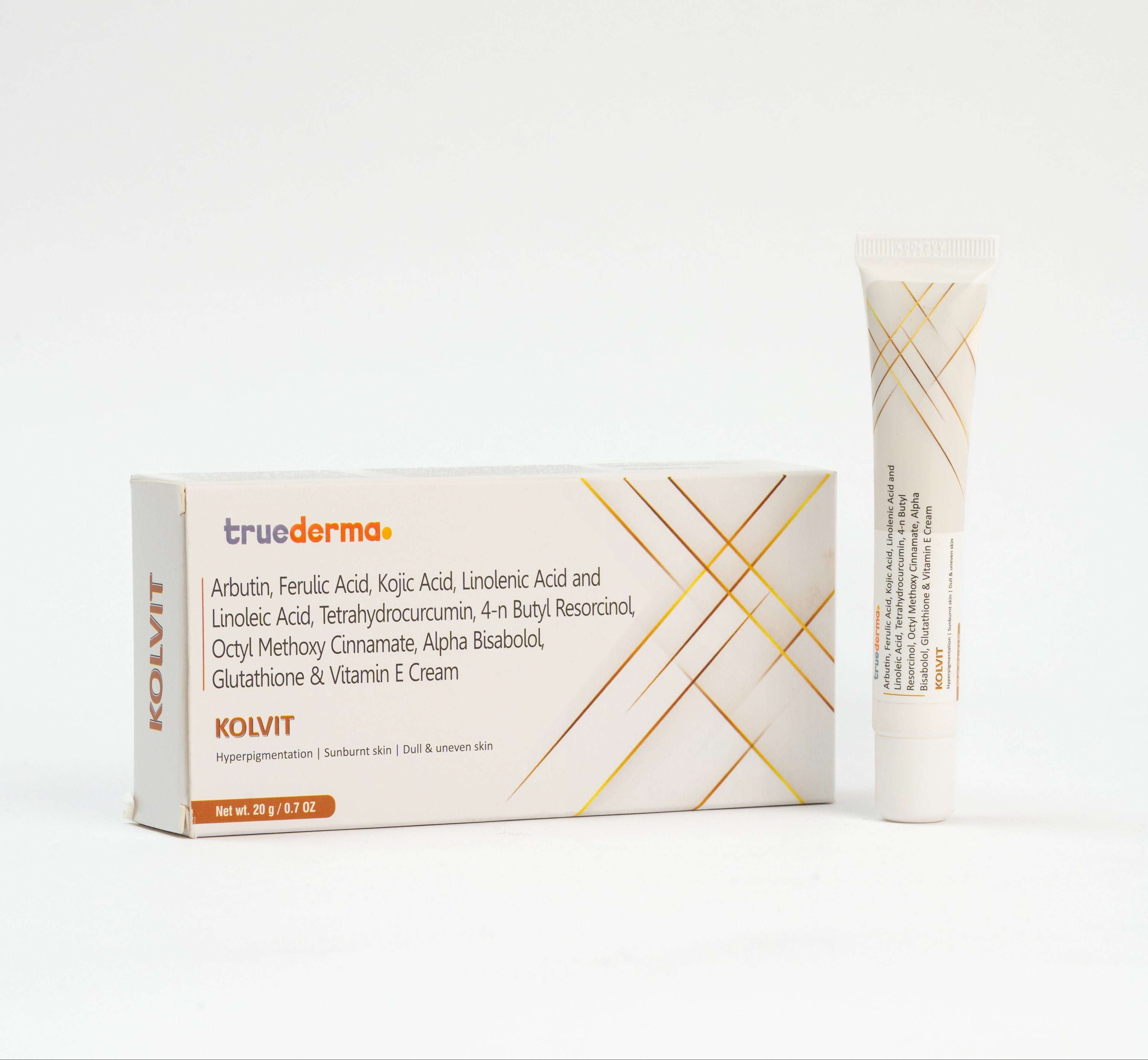 Close-up of True derma KOLVIT skin-brightening cream packaging on a clean, clinical white background.