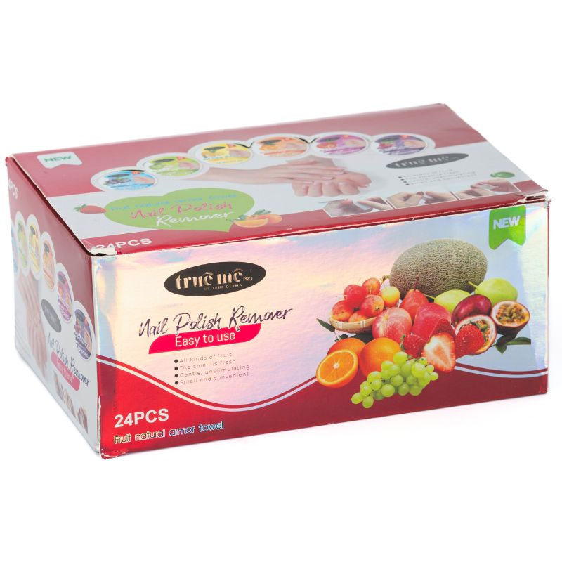 A box of True Me nail polish remover with a depiction of various fruits and the number 24PCs displayed on it.