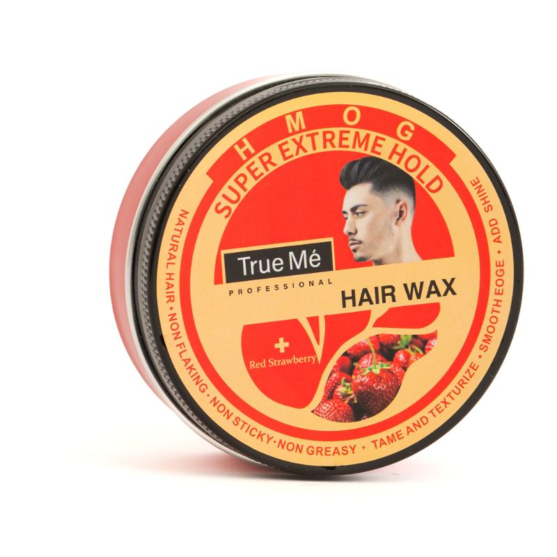 hair wax by true me and "super extreme hold", written in a round red cream rounded box
