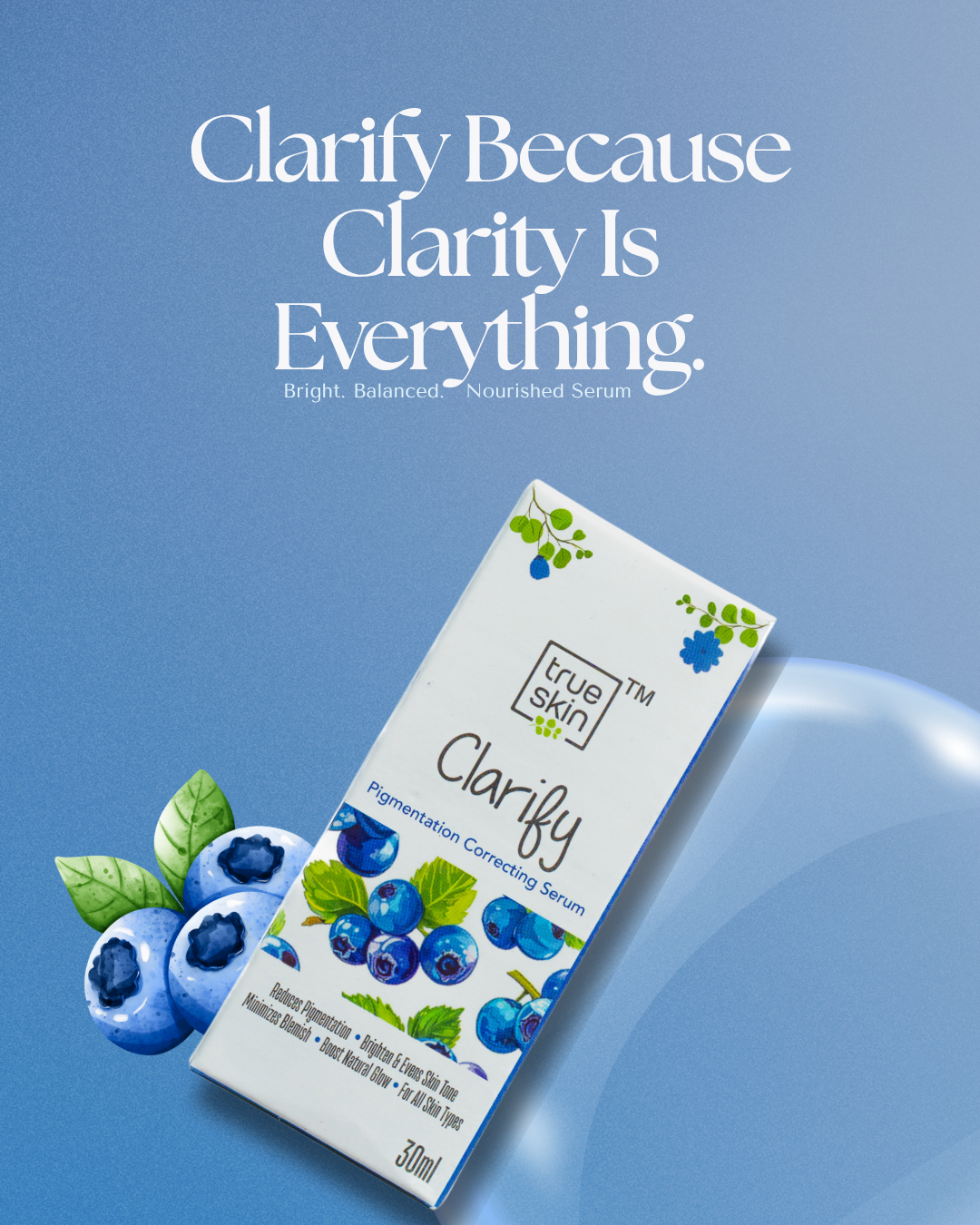 true skin Clarify serum packaging with blueberries on a blue background