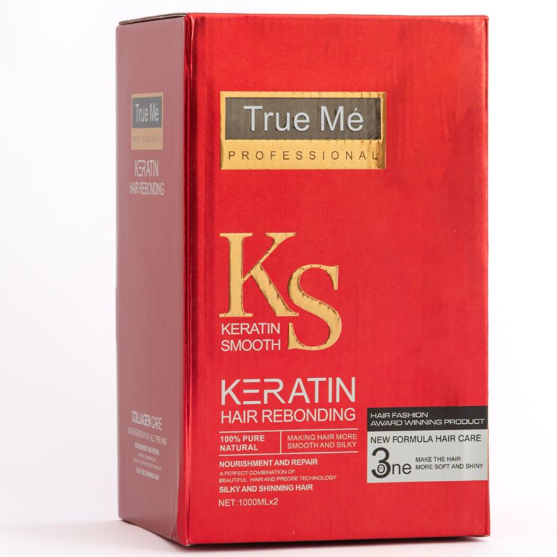 A red box of True Me Keratin Hair Rebonding Cream with branding and product information displayed.