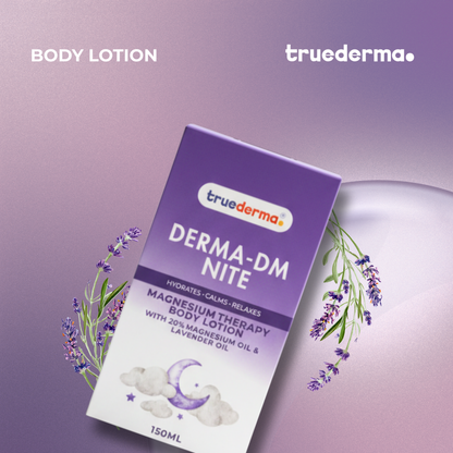 A box of truederma Derma-DM Nite body lotion is displayed on a lavender-purple background with decorative lavender sprigs. The packaging is purple and white, featuring the truederma brand logo and product details.