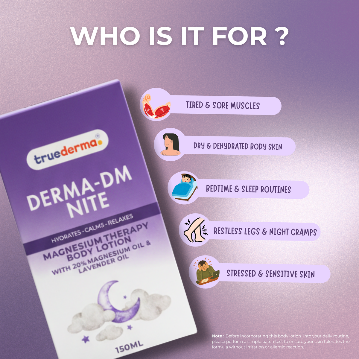 A promotional graphic for truederma Derma-DM Nite magnesium therapy body lotion. The left side shows the product box, which is purple and white with illustrations of a crescent moon and clouds. The right side provides information about who is it for. 