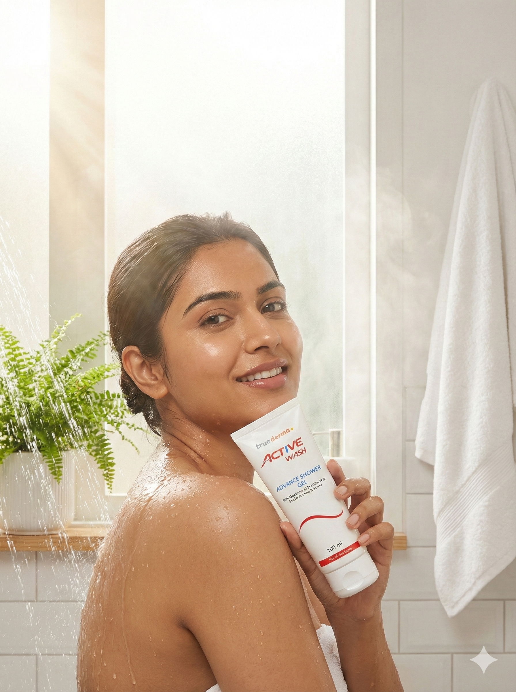 Woman holding a tube of 'Active wash' soap under a shower in a bathroom.