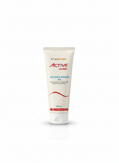 Tube of TrueDerm Active Wash Advance Shower Gel on a white background