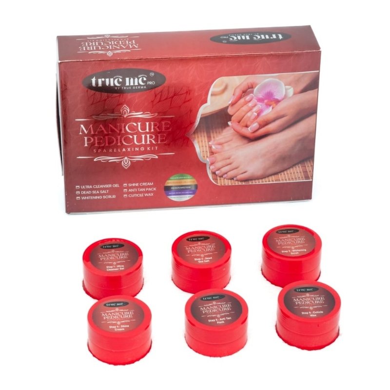 Manicure and pedicure kit with red containers and a box on a white background
