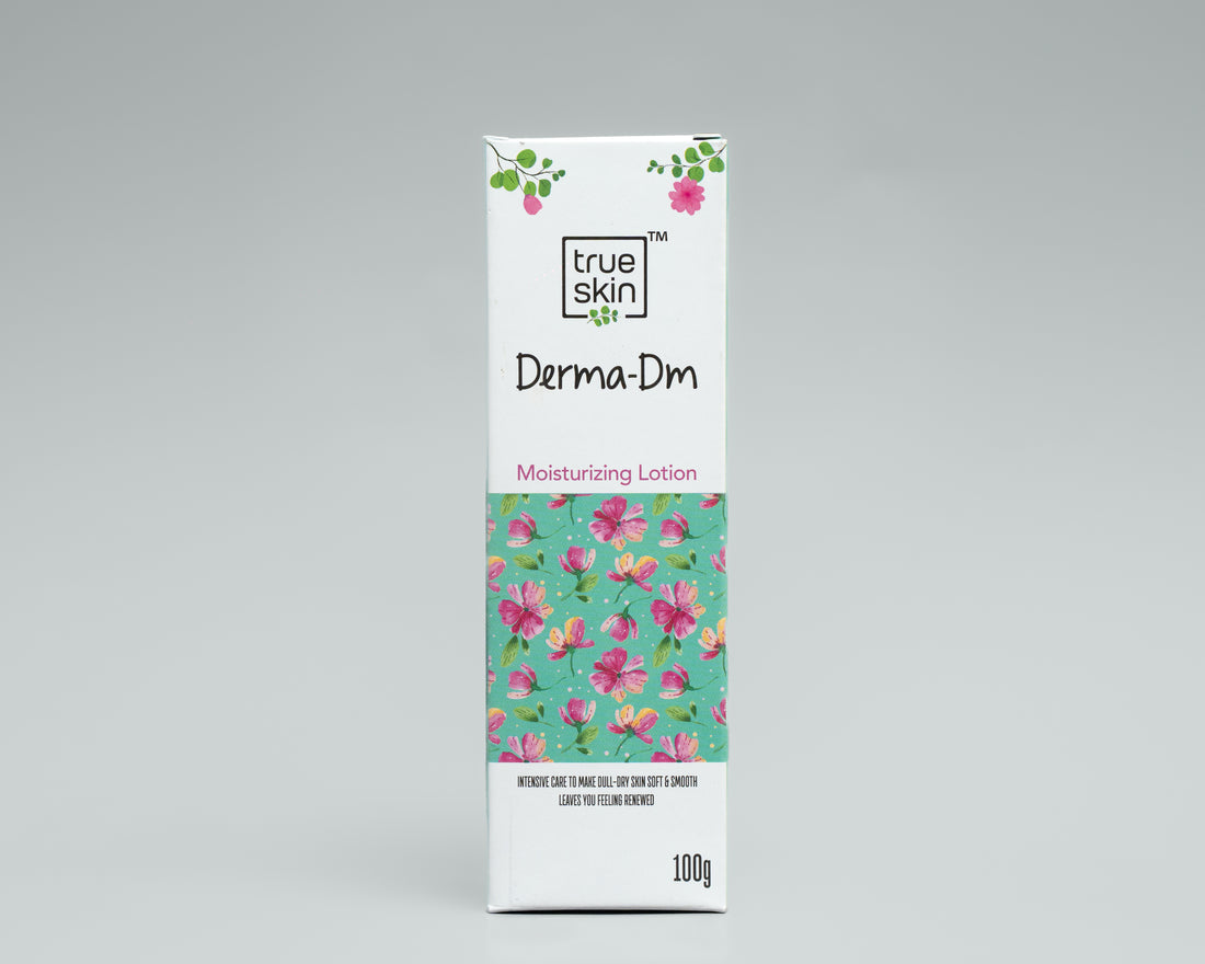 True Skin Derma-Dm moisturizing lotion packaging with floral design on a gray background