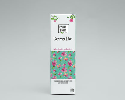 True Skin Derma-Dm moisturizing lotion packaging with floral design on a gray background