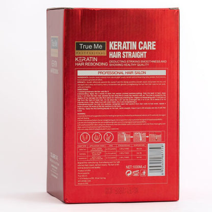 A red box of True Me Keratin Hair Rebonding Cream with branding and product information displayed.
