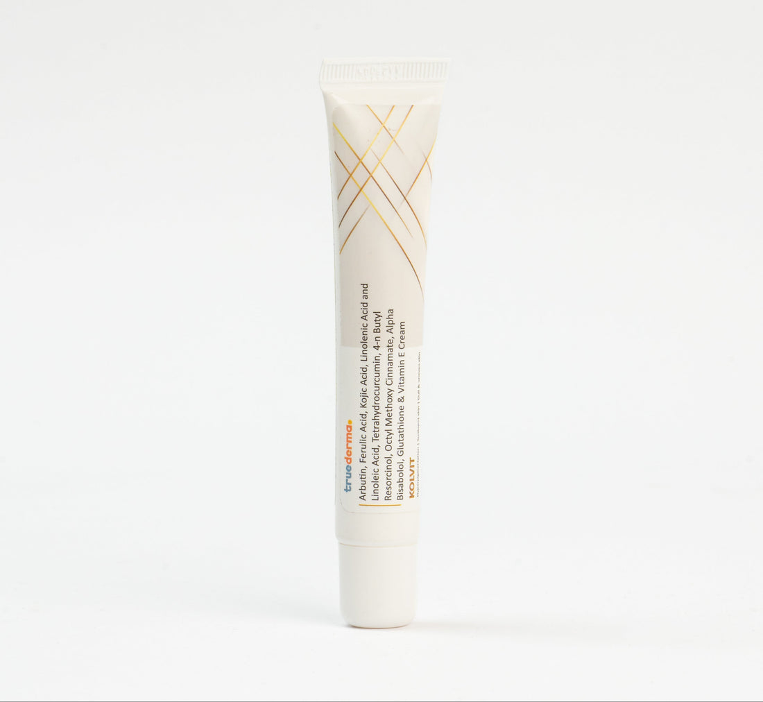 Close-up of True derma KOLVIT skin-brightening and anti-aging cream packaging on a clean, clinical white background.