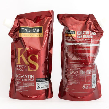 two packet of True Me Keratin Hair Rebonding Cream with branding and product information displayed.