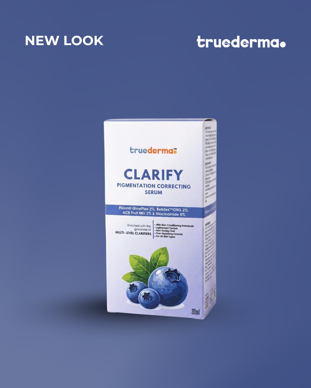 A boxed skincare product labeled truederma Clarify Pigmentation Correcting Serum stands upright on a blue gradient background. The package is white with blue text and a blueberry illustration on the front.