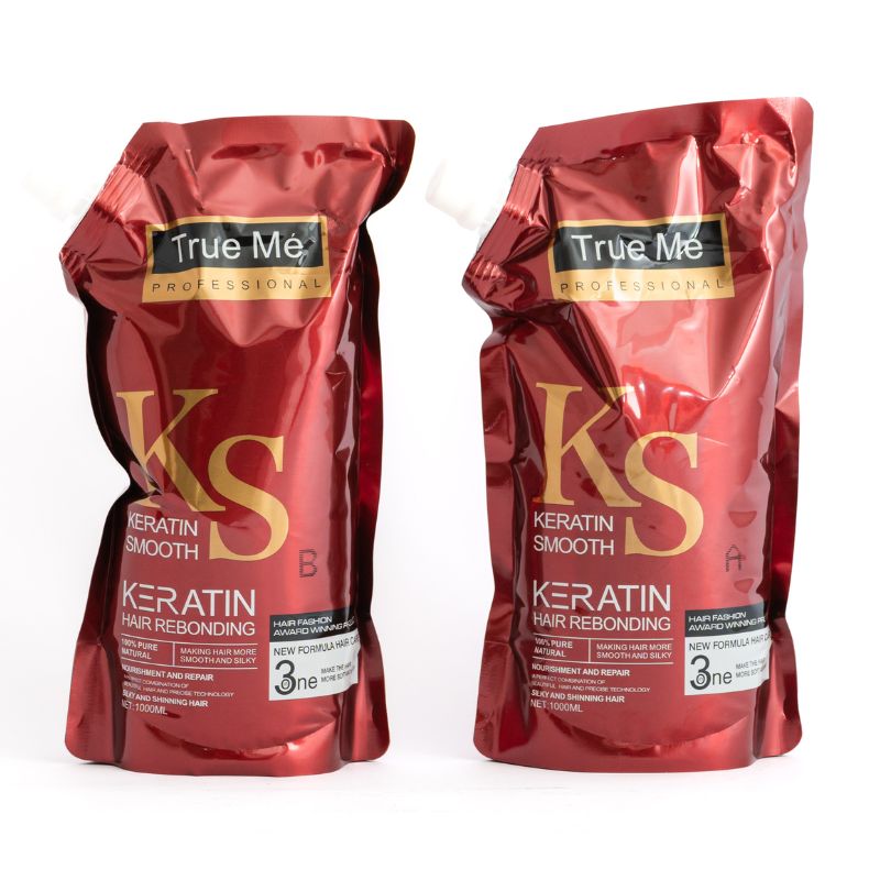 two packet of True Me Keratin Hair Rebonding Cream with branding and product information displayed.
