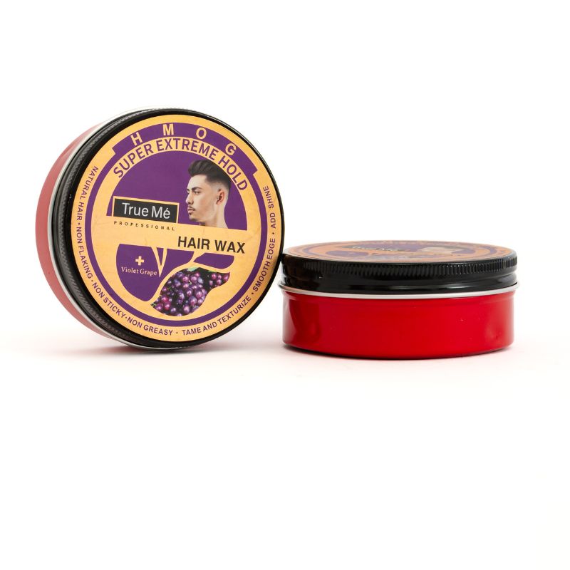 A container of True Me Hair Wax with the violet grape label, indicating a super extreme hold for styling hair.