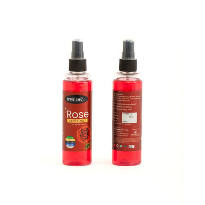 A bottle of True Me rose Skin Toner with a red label on a white background.
