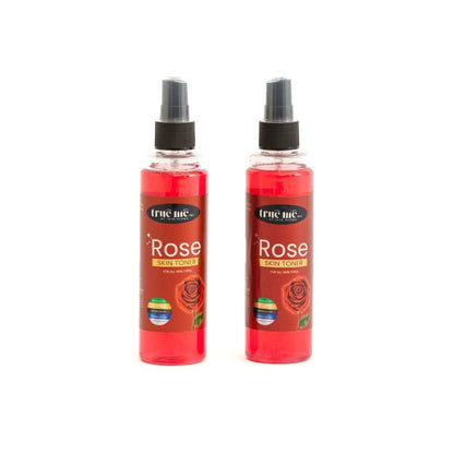 A bottle of True Me rose Skin Toner with a red label on a white background.