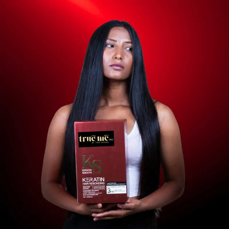 a girl holding trueMe keratin hair straightening rebonding