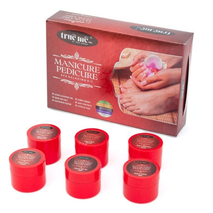 Manicure and pedicure kit with red containers and a box labeled &