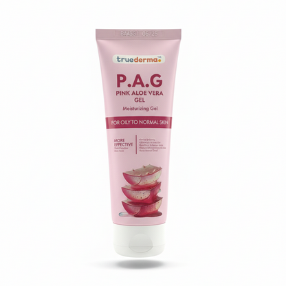 Tube of truederma P.A.G Pink Aloe Vera Gel for oily to normal skin on a white background