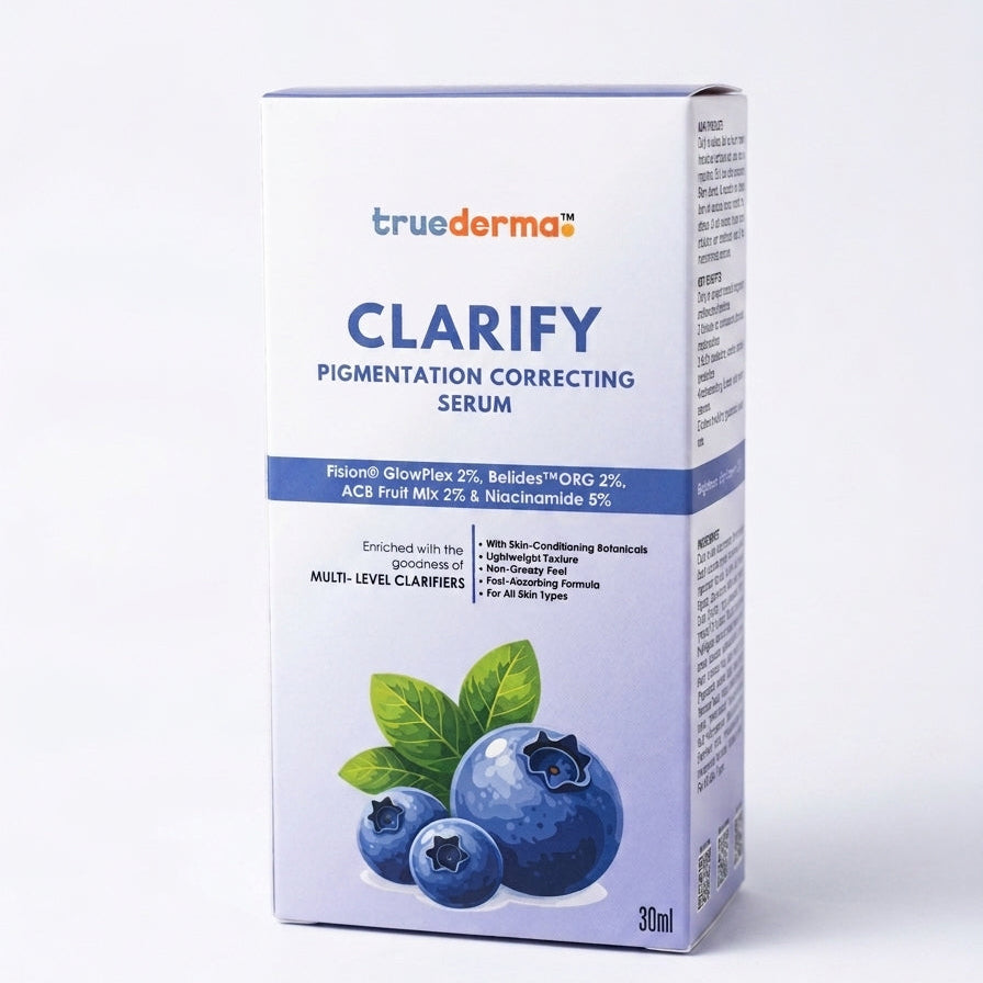 A 30ml box of TrueDerma Clarify Pigmentation Correcting Serum, featuring a white and blue design with blueberry illustrations, set against a plain white background.