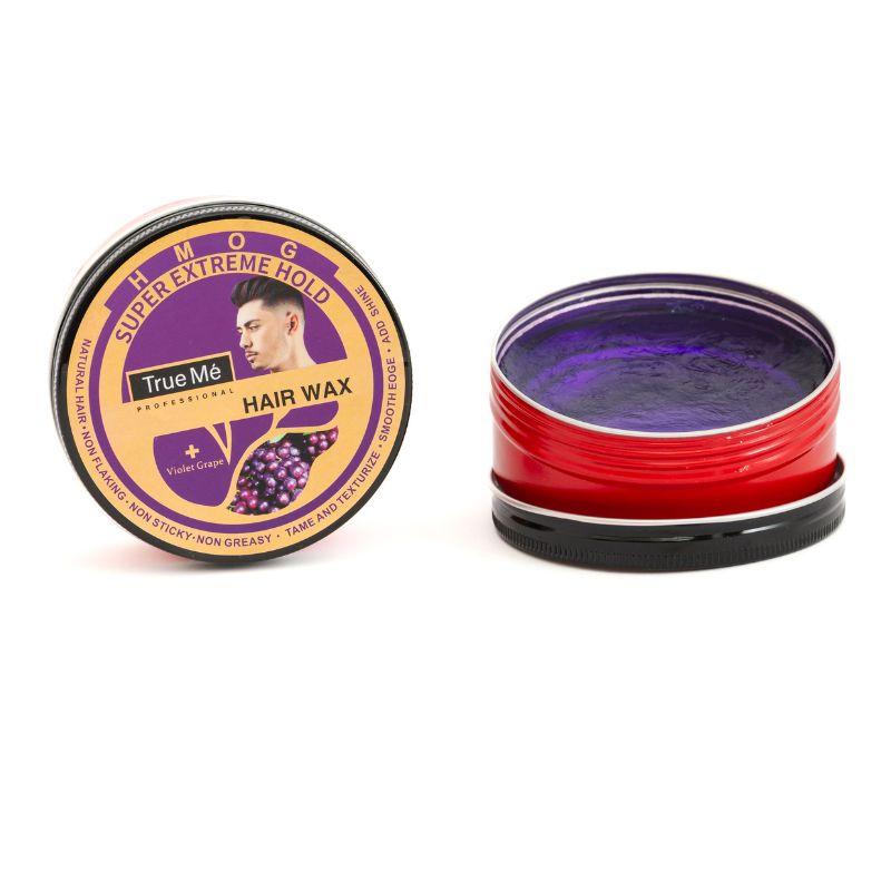A container of True Me Hair Wax with the violet grape label, indicating a super extreme hold for styling hair.