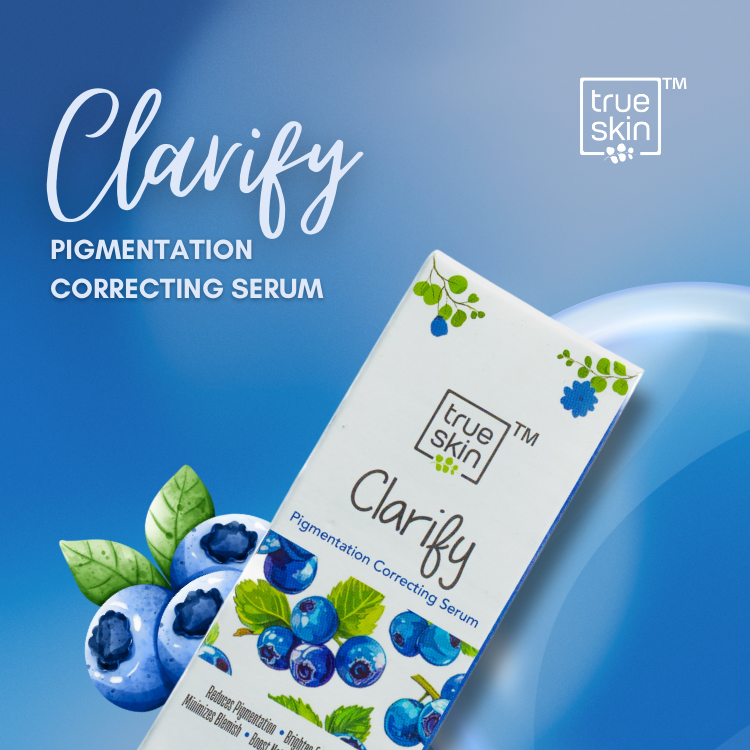 True Skin Clarify Serum bottle with packaging for pigmentation and uneven skin tone treatment
