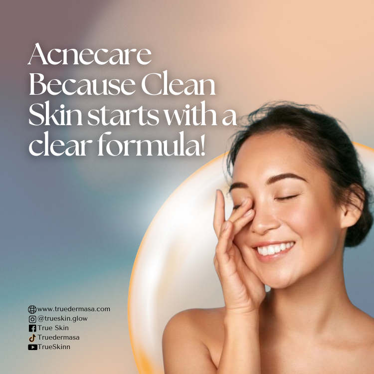 acne care because clan skin starts with a clear formulae and a girl in background playing with her skin and enjoying her beauty 