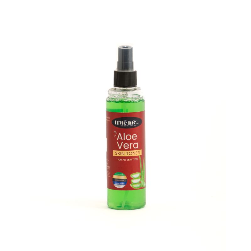 A bottle of True Me Aloe Vera Skin Toner with a green label on a white background.