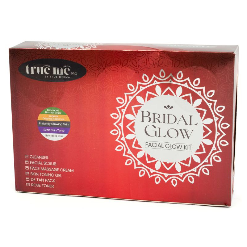 A boxed TruMe Bridal Glow Facial Glow Kit, featuring a red and white design with floral patterns and product information listed on the front.