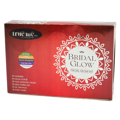 A boxed TruMe Bridal Glow Facial Glow Kit, featuring a red and white design with floral patterns and product information listed on the front.