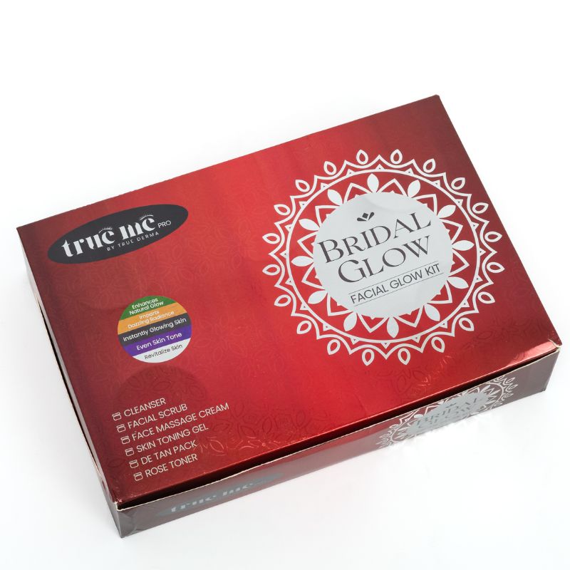 facial glow kit by bridal glow from true me. written cleaner, facial scrub, face massage cream, skin toning gel, de tan pack, rode toner 