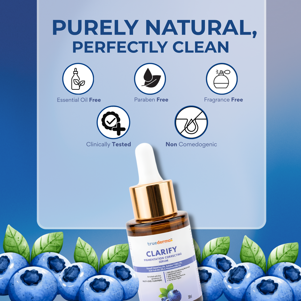 A bottle of brodermelt Clarify Premium Skin Conditioner serum is shown against a blue background with promotional text and icons stating &