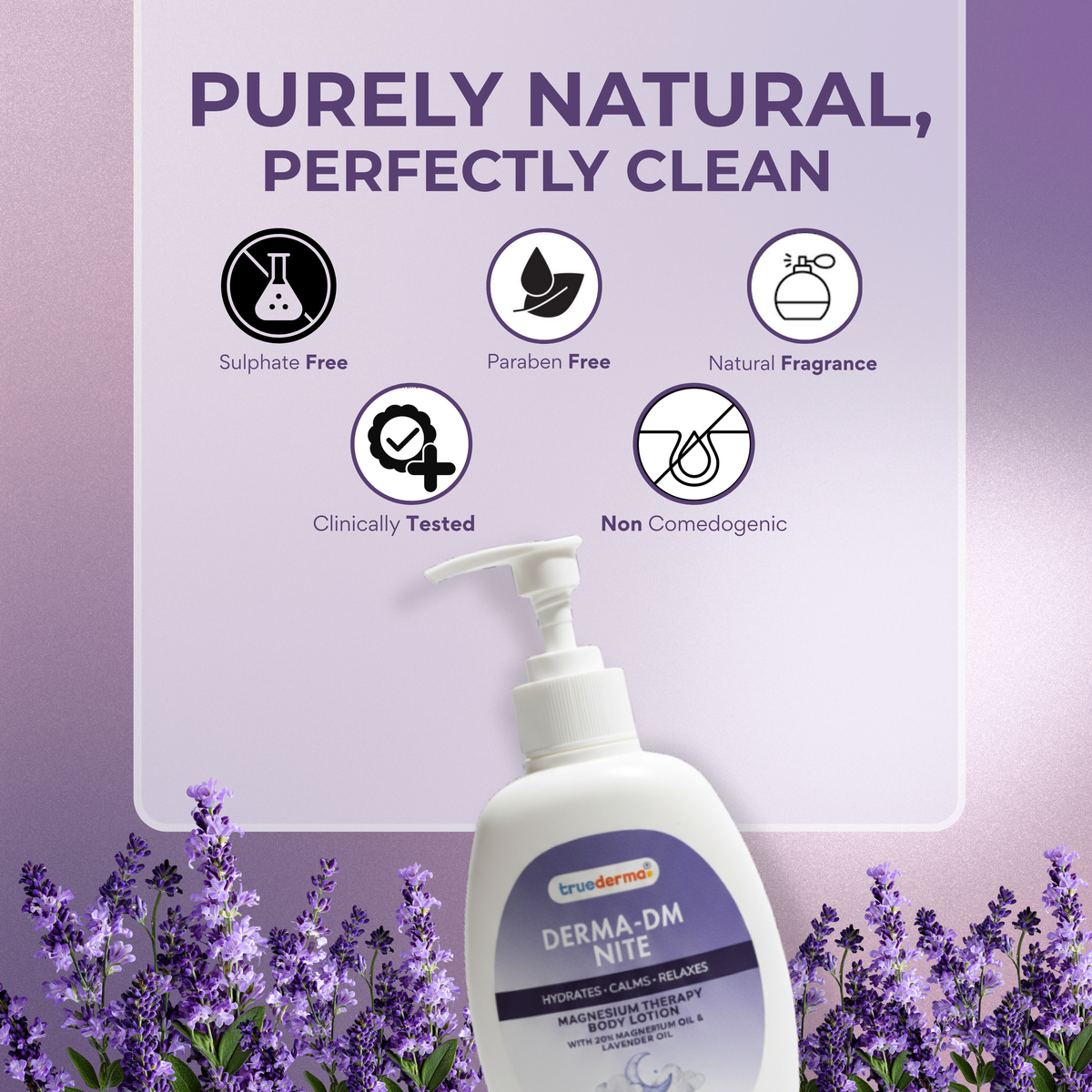 A pump bottle of Truvander Derma-DM Nite moisturizing body wash shown against a lavender background with promotional text and icons for natural, clean properties. Purple flowers decorate the bottom of the frame.