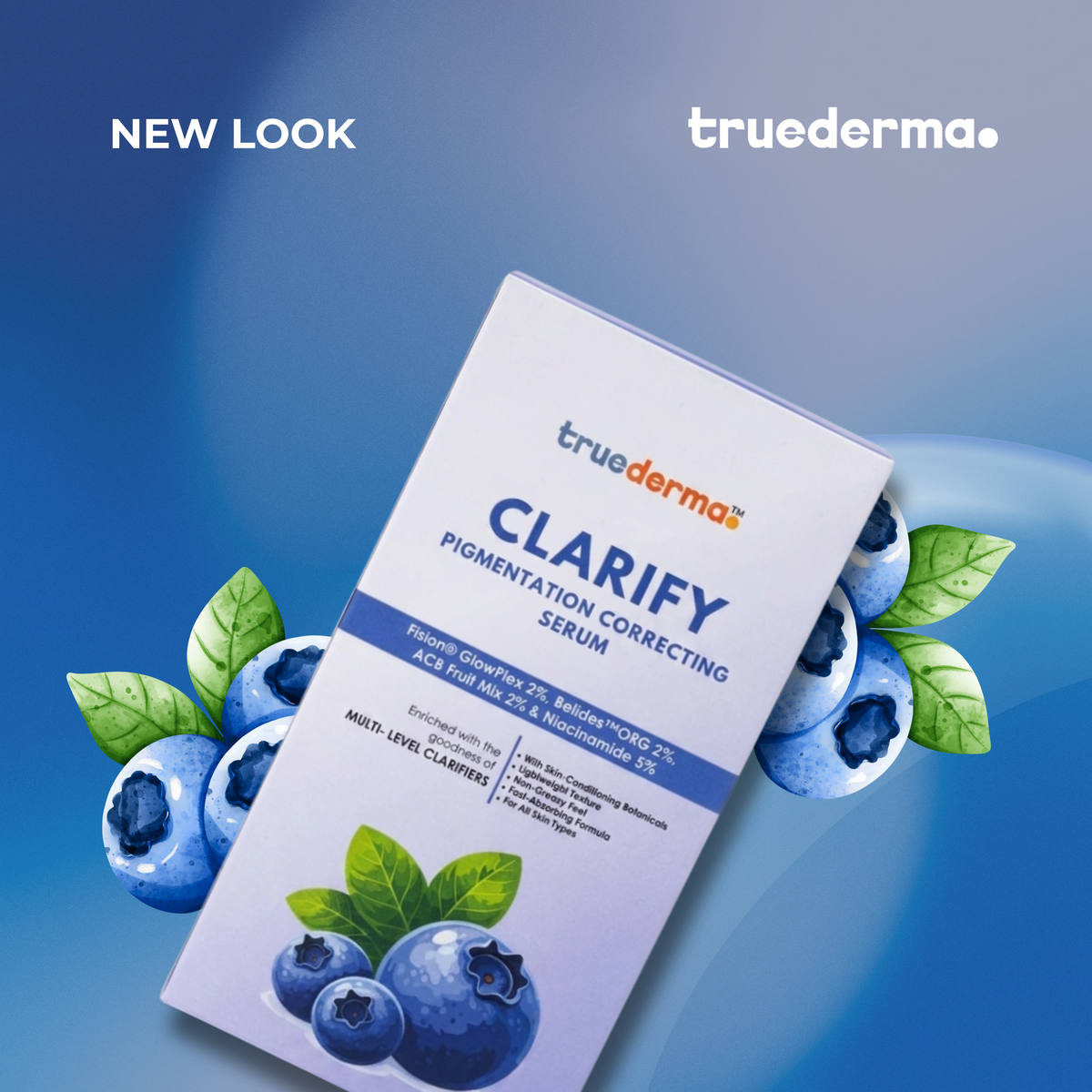 a purple background showing a prodcut True derma Clarify Serum for dark spots and pigmentation correction