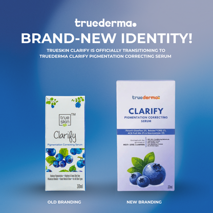 Old vs new branding for Truederma Clarify Pigmentation Correcting Serum while the contents of the product is same