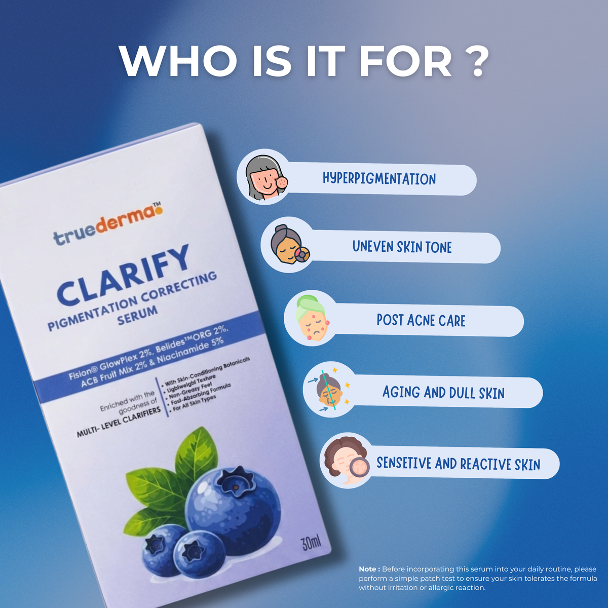 Truederma Clarify Serum Suitable for all skin types  including hyperpigmentation, post-acne marks, sensitive skin, uneven skin tone, aging and dull skin and reactive skin