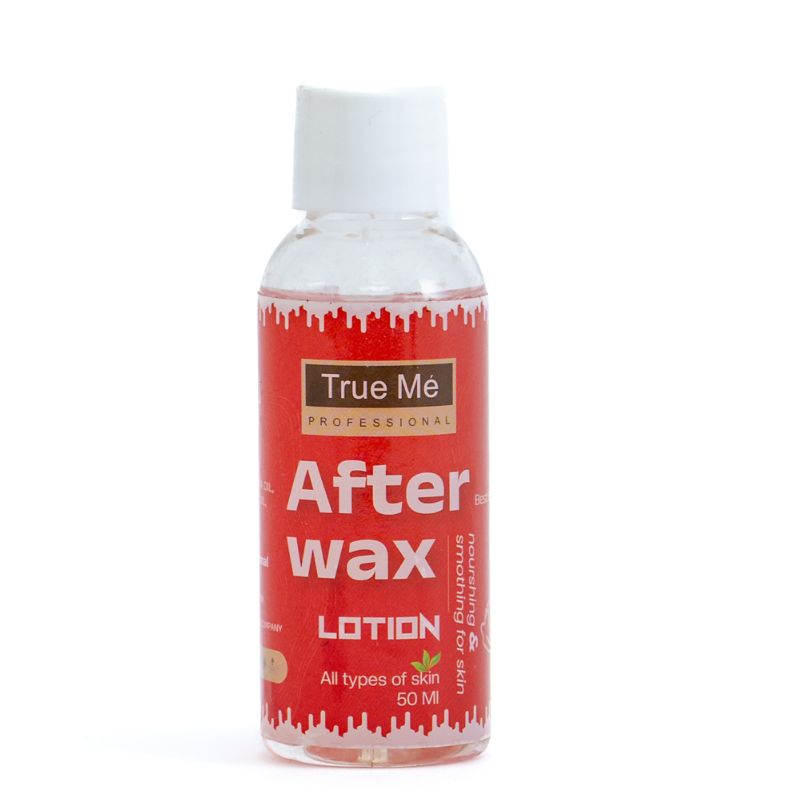 A bottle of True Me Professional After Wax Lotion with a red label, designed for hair removal waxing.